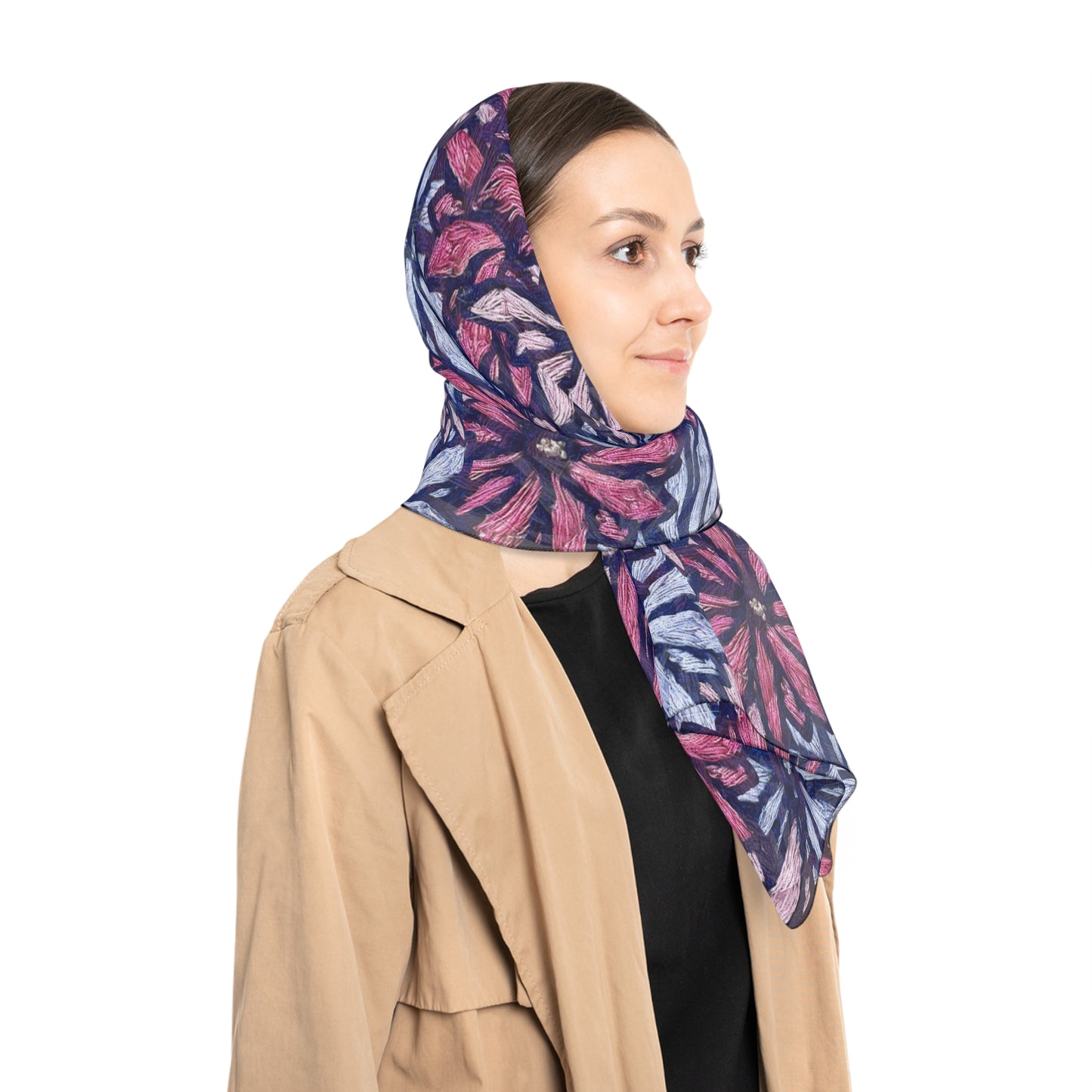 Floral Pattern Poly Scarf – Pink & Blue Botanical Wrap