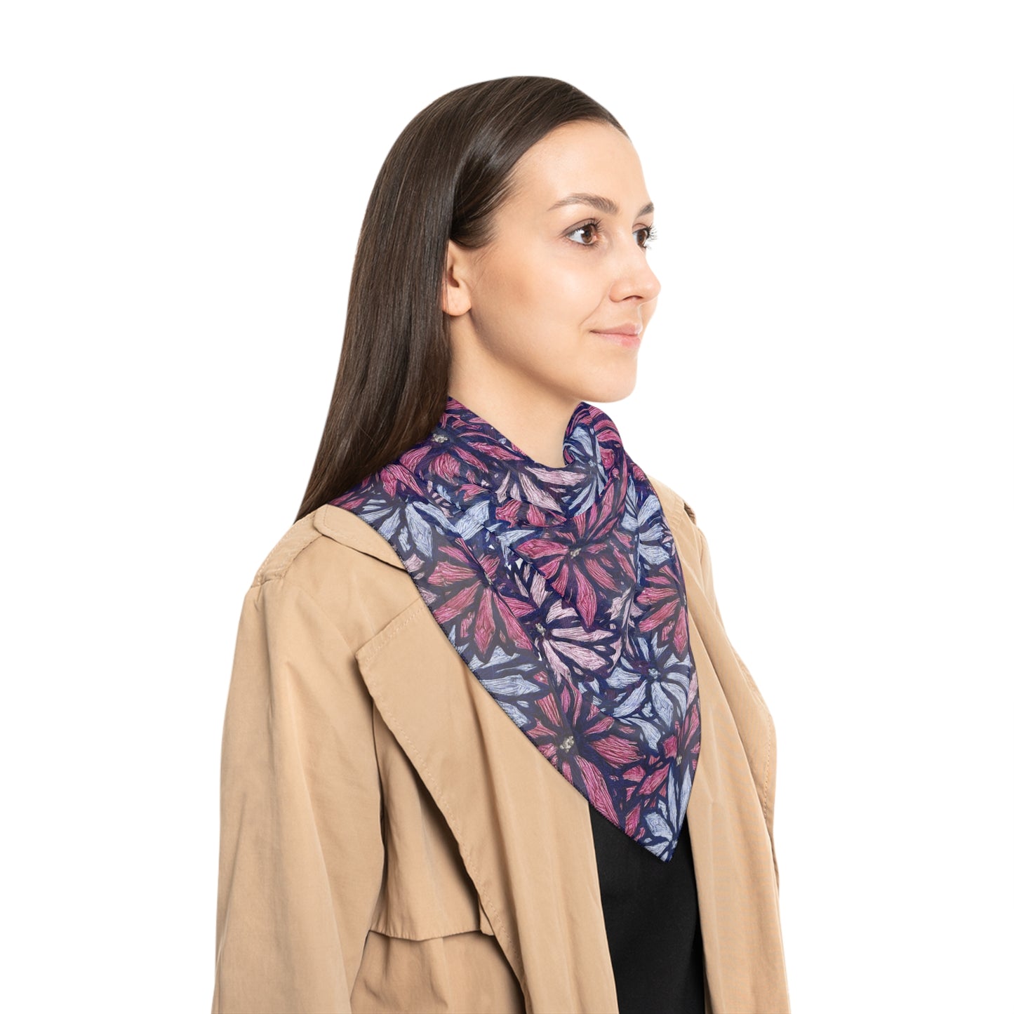 Floral Pattern Poly Scarf – Pink & Blue Botanical Wrap